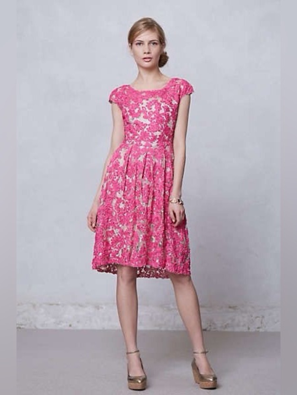 Anthropologie Pink Floral Lace Midi Dress